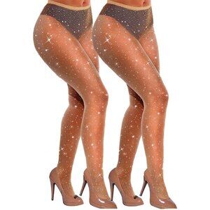 Women Sparkly Fishnets Stockings 2 Pack High Waist Rhinestone Tights